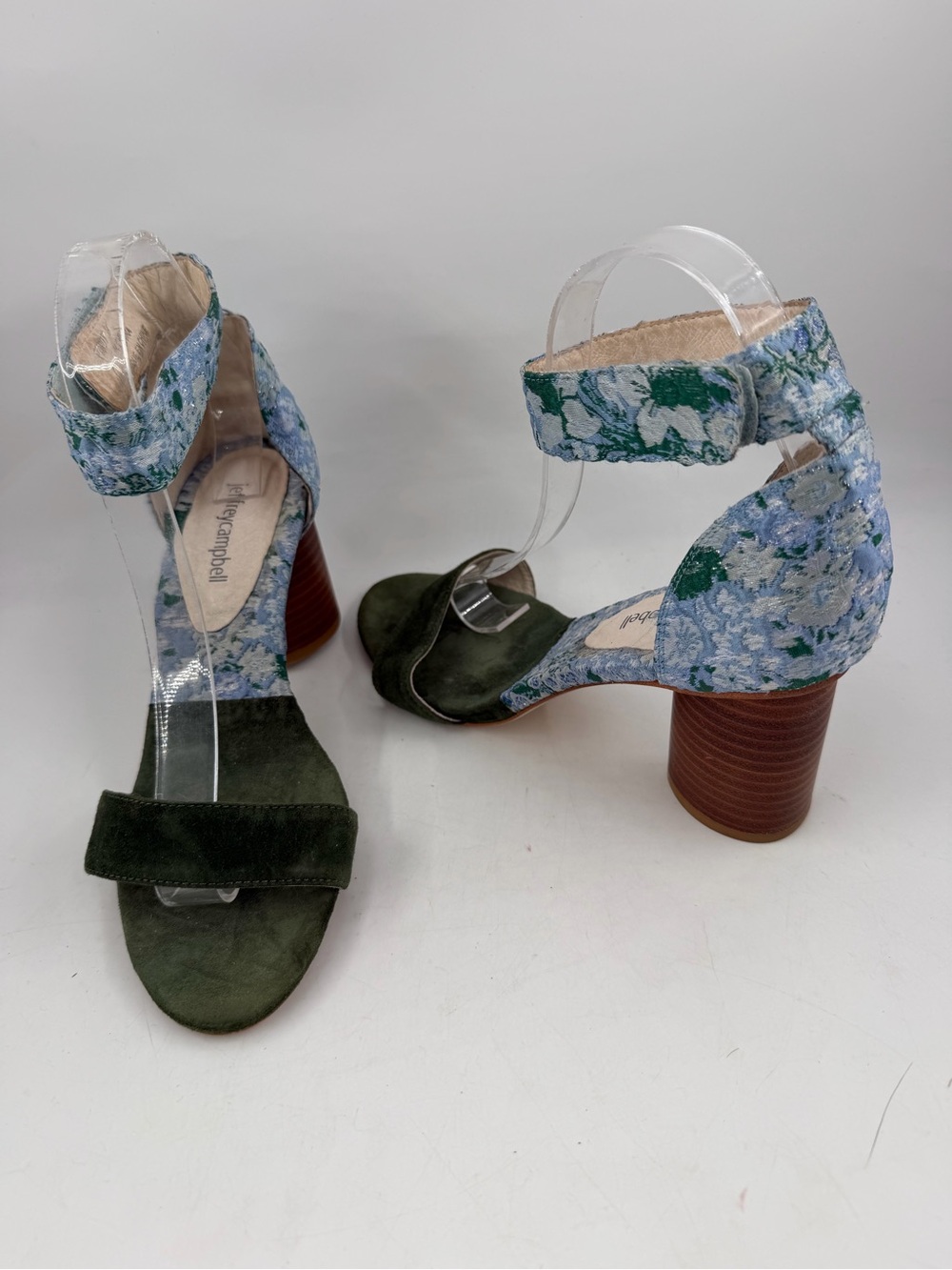 Jeffrey Campbell Purdy Blue Fabric Floral -SZ 8- Green Suede Block Heels Sandals - Picture 12 of 14